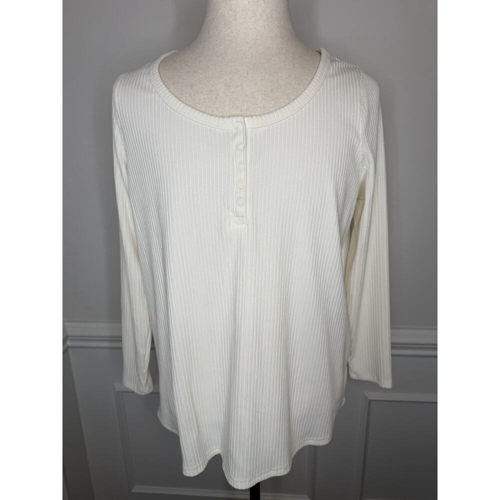 Terra & Sky Women’s Henley Long Sleeve Shirt Size 14W Ivory Ribbed Stretch